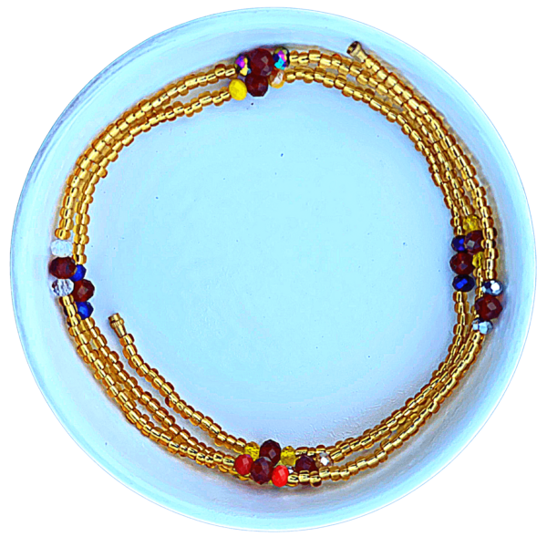 Gold seed bead ruby red crystal blue